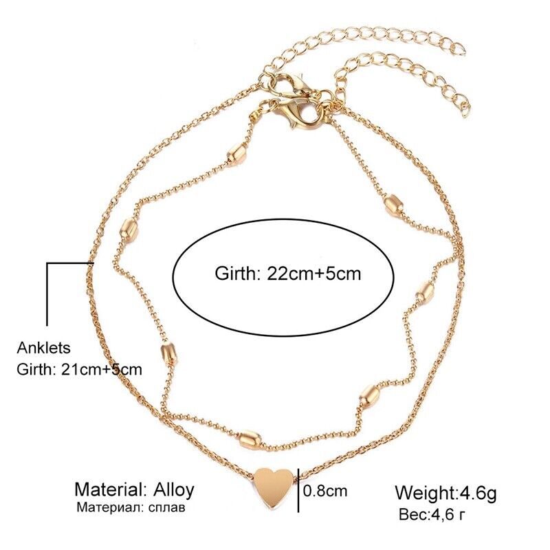 Damen Fußkettchen Fußkette Fuss Kette Modeschmuck Gold 2 Schichten Herz simple