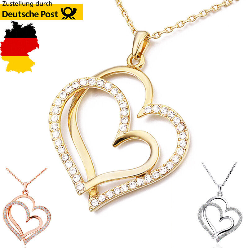 Damen Halskette mit Anhänger Doppel Herz Strass Schmuck Frauen Geschenk