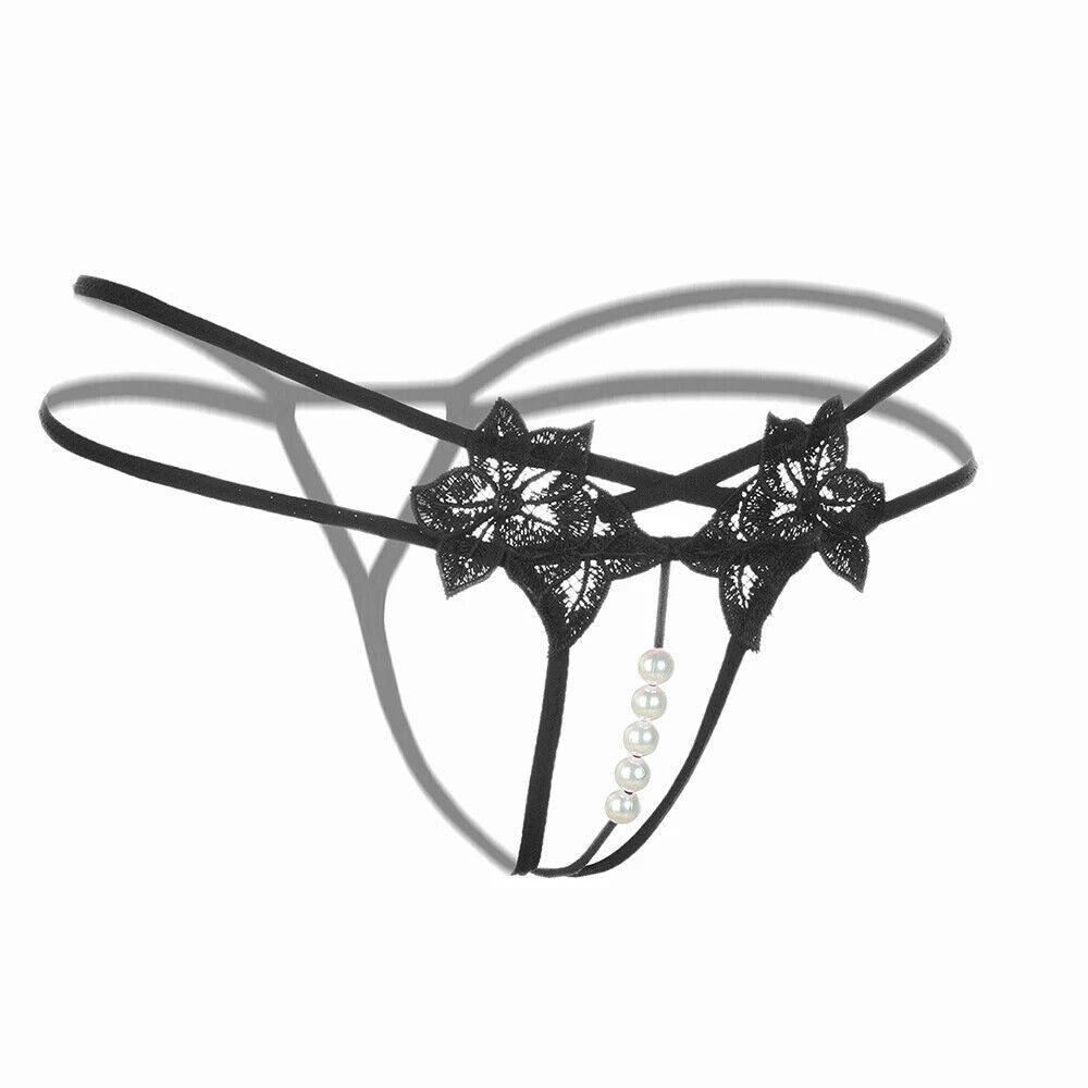 Sexy Damen G-String Slip String Spitze Perlen Kette Schritt offen Dessous Tanga