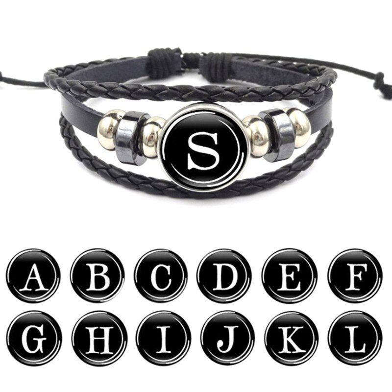 Damen Herren Namen Armband Buchstabe Leder Alphabet luxus Schmuck Mode Schwarz