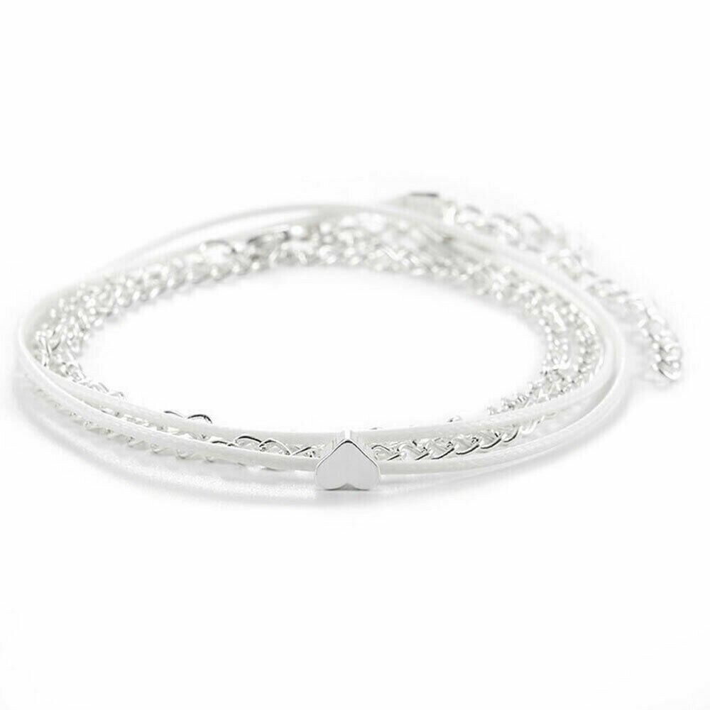 Damen Fußkettchen Fußkette Fuss Kette Modeschmuck Silber Herz mehrere Schichten