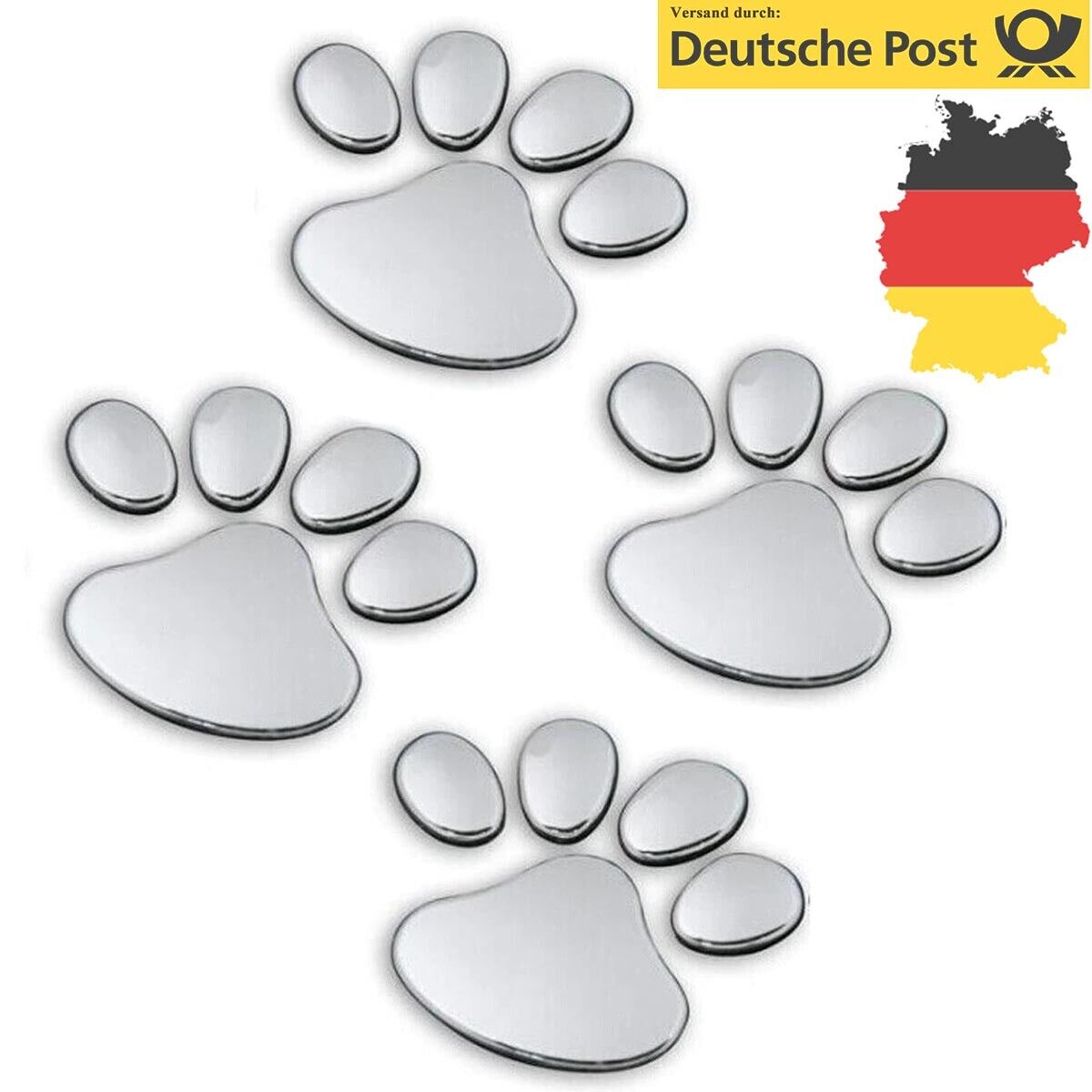 4x Aufkleber Auto Hunde Katzen Pfoten Tatzen 3D Sticker Emblem Tier Silber Chrom