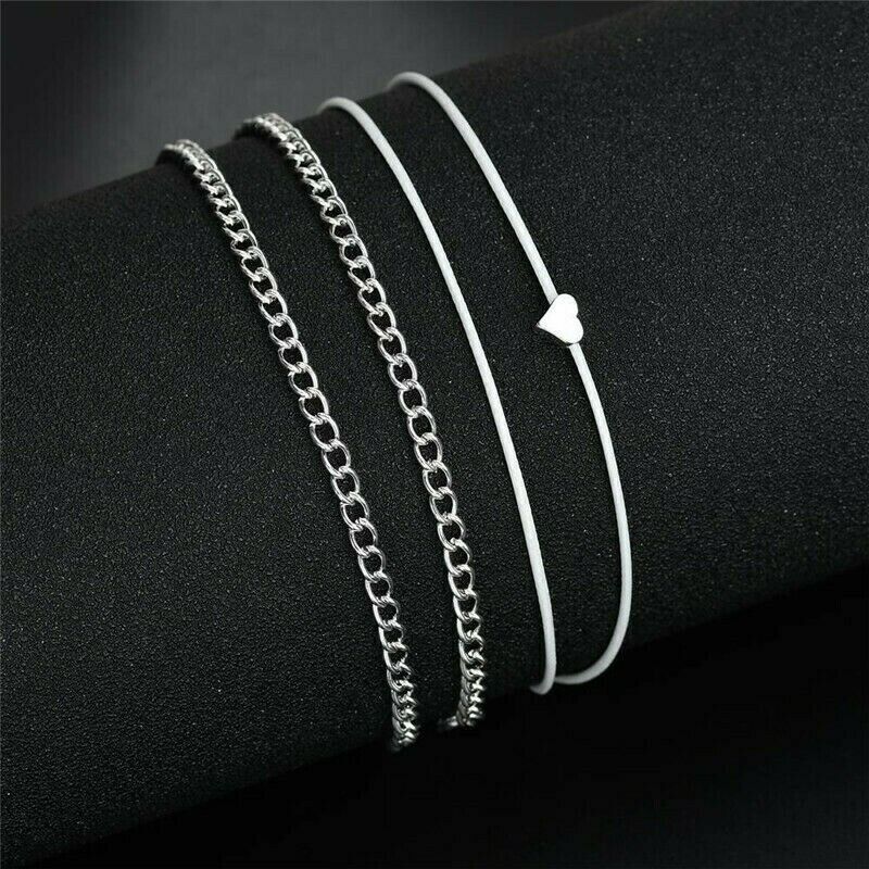 Damen Fußkettchen Fußkette Fuss Kette Modeschmuck Silber Herz mehrere Schichten